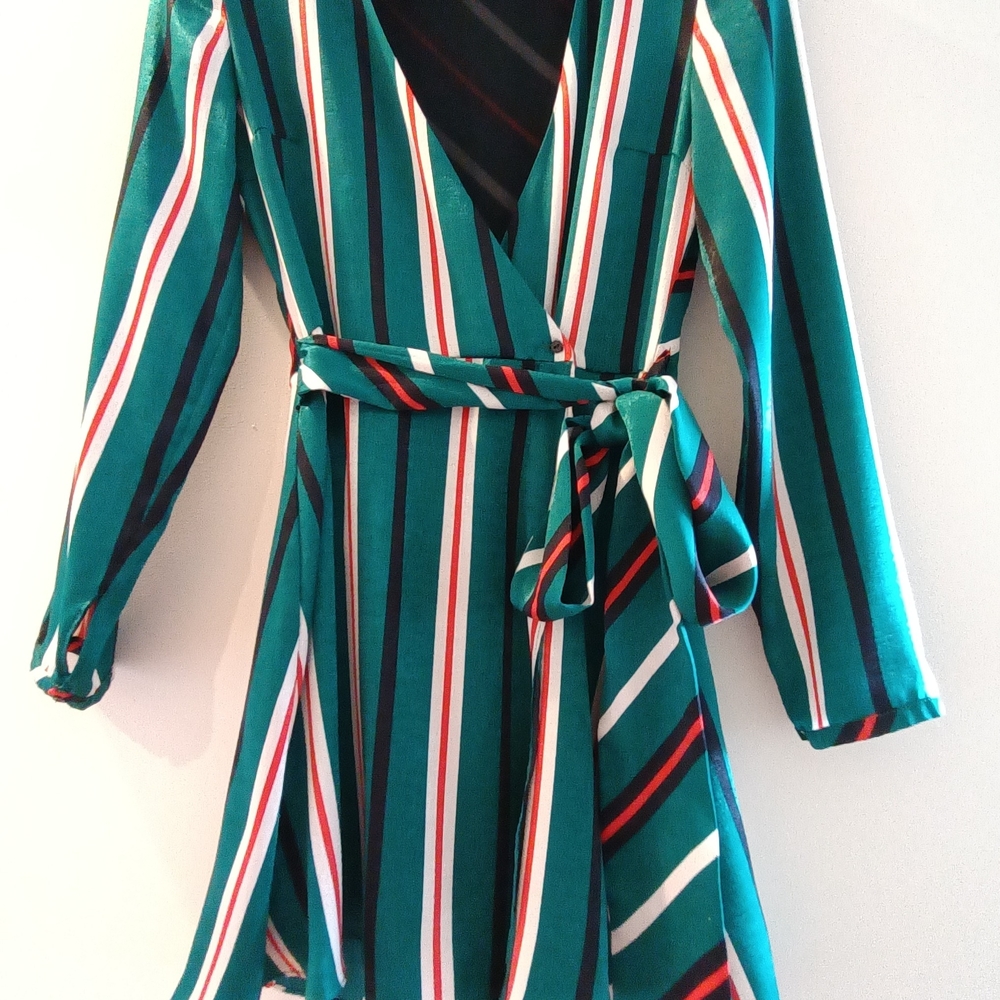 Zara Green and Red Striped Long Sleeve Dress